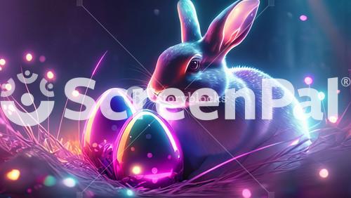 Rabbit Sits Amid Intricately Patterned Eggs, Neon Glow That Brings An Otherworldly Quality To This Traditional Scene. Futuristic Easter Bunny In A Style Of Cyberpunk Aesthetics.